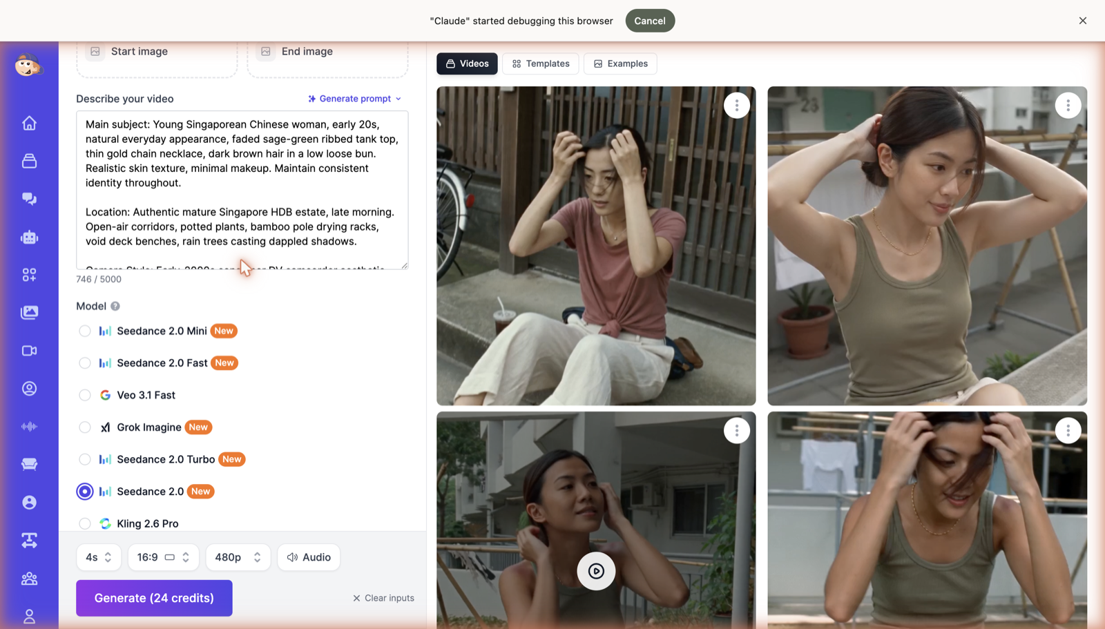 Easy-Peasy.AI Video Generator interface with a realistic video prompt describing a Singaporean woman in an HDB estate