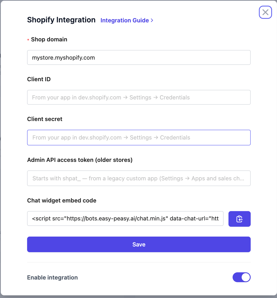 Shopify integration setup form in Easy-Peasy.AI showing shop domain, Client ID, Client secret, and chat widget embed code fields