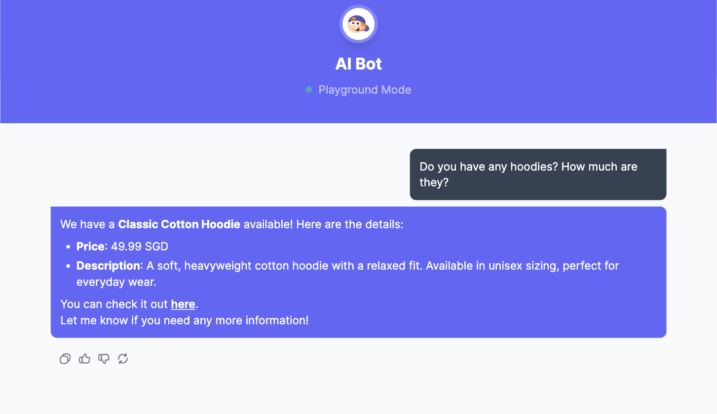 Easy-Peasy.AI bot answering a customer question about hoodies with the product name, price, and a link pulled live from the Shopify store