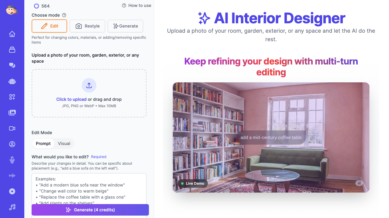 Easy-Peasy.AI Interior Designer Edit mode showing upload area, prompt input, and visual editing options for SketchUp renders