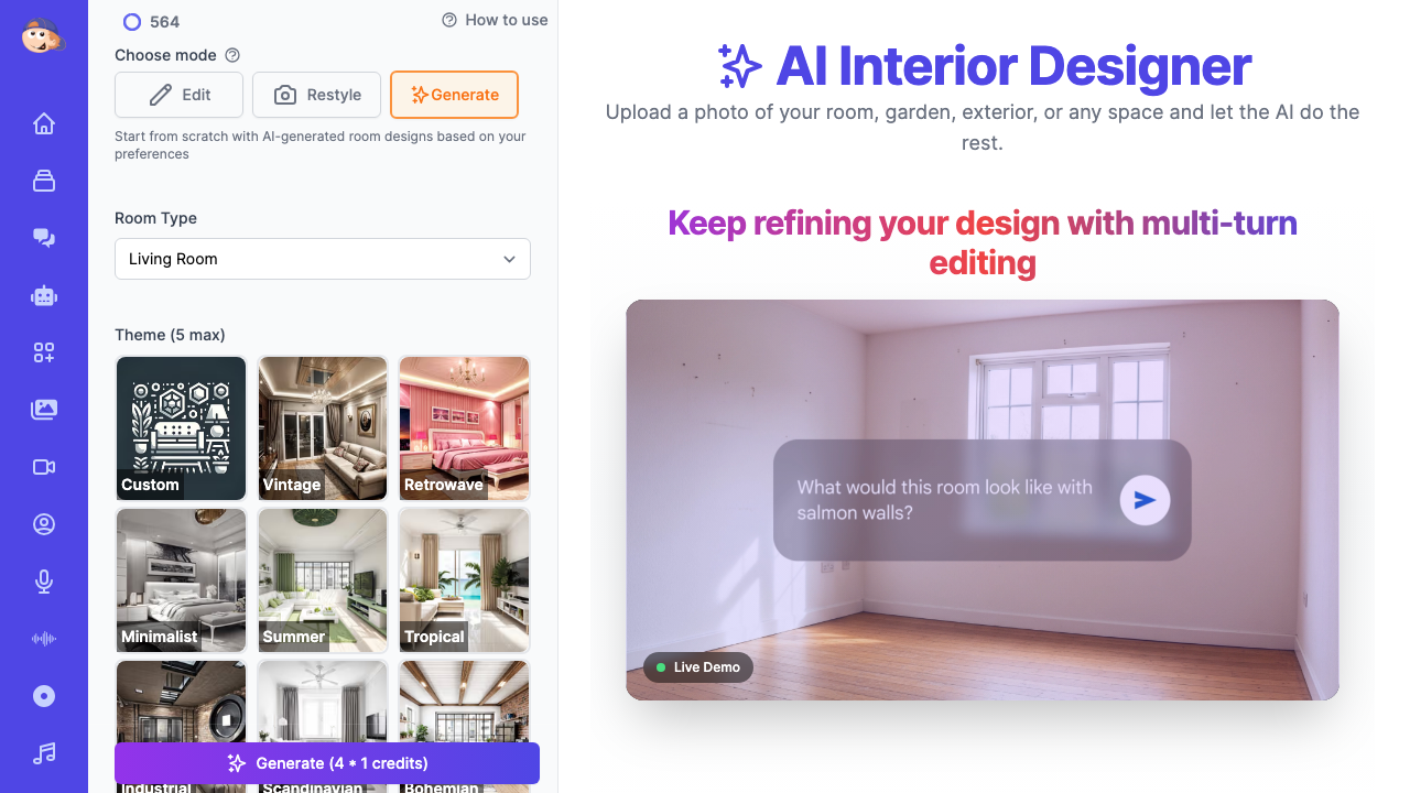 Easy-Peasy.AI Generate mode with room type selection, multiple design themes, AI model picker, and aspect ratio controls