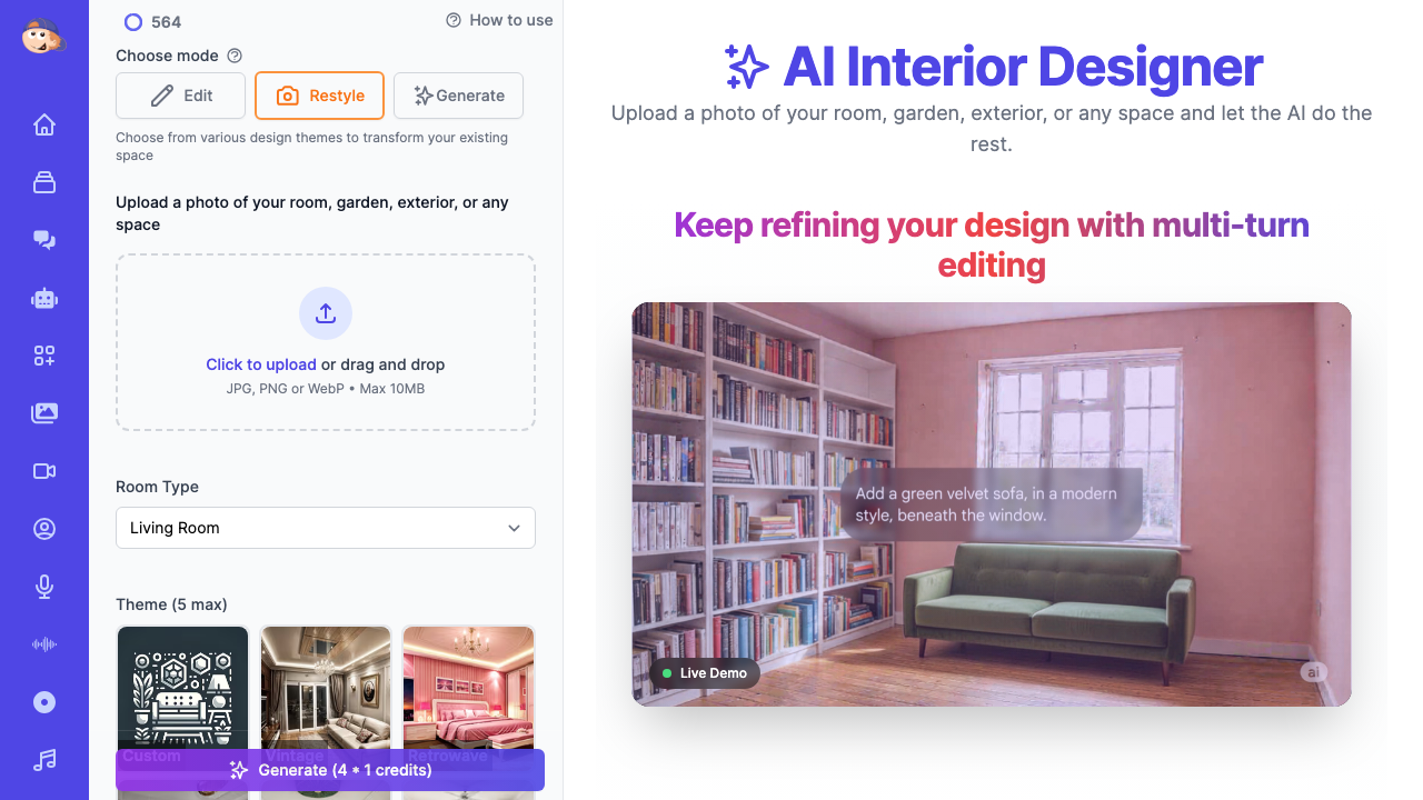 Easy-Peasy.AI Restyle mode showing room type selector, design themes, and aspect ratio options for SketchUp interior rendering