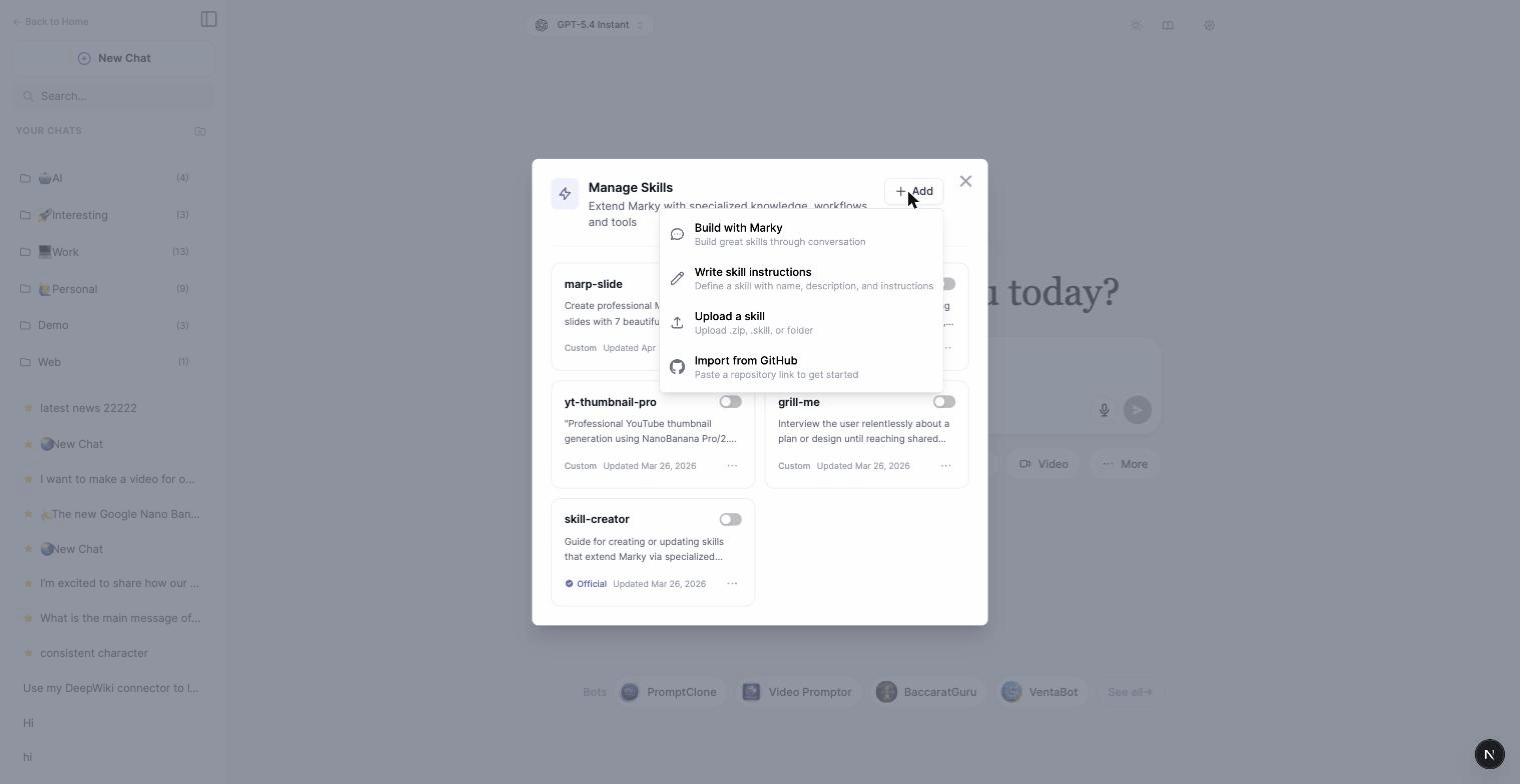 The Add menu in Marky Agent showing four ways to add a Skill: Build with Marky, Write skill instructions, Upload a skill, Import from GitHub