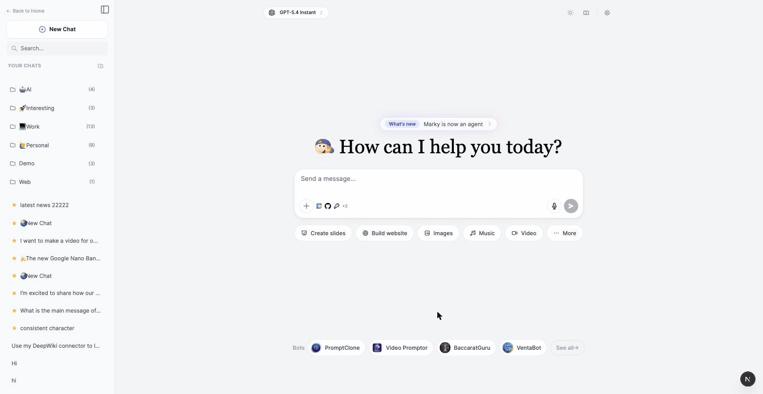 Marky Agent chat interface on Easy-Peasy.AI where Skills are added from the plus button