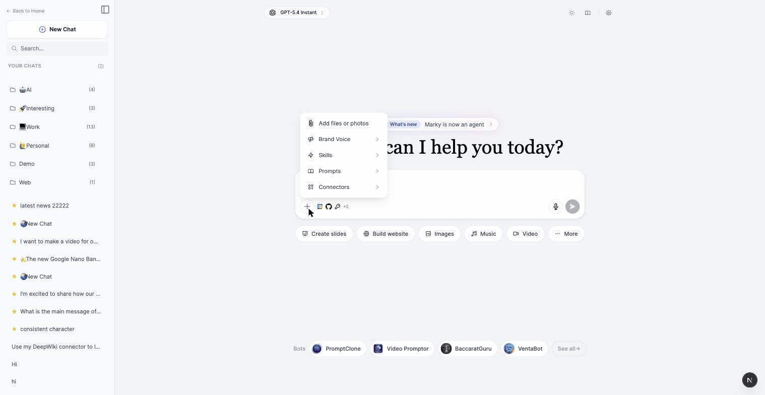 The plus menu in Marky Agent showing the Skills option next to Brand Voice and Prompts