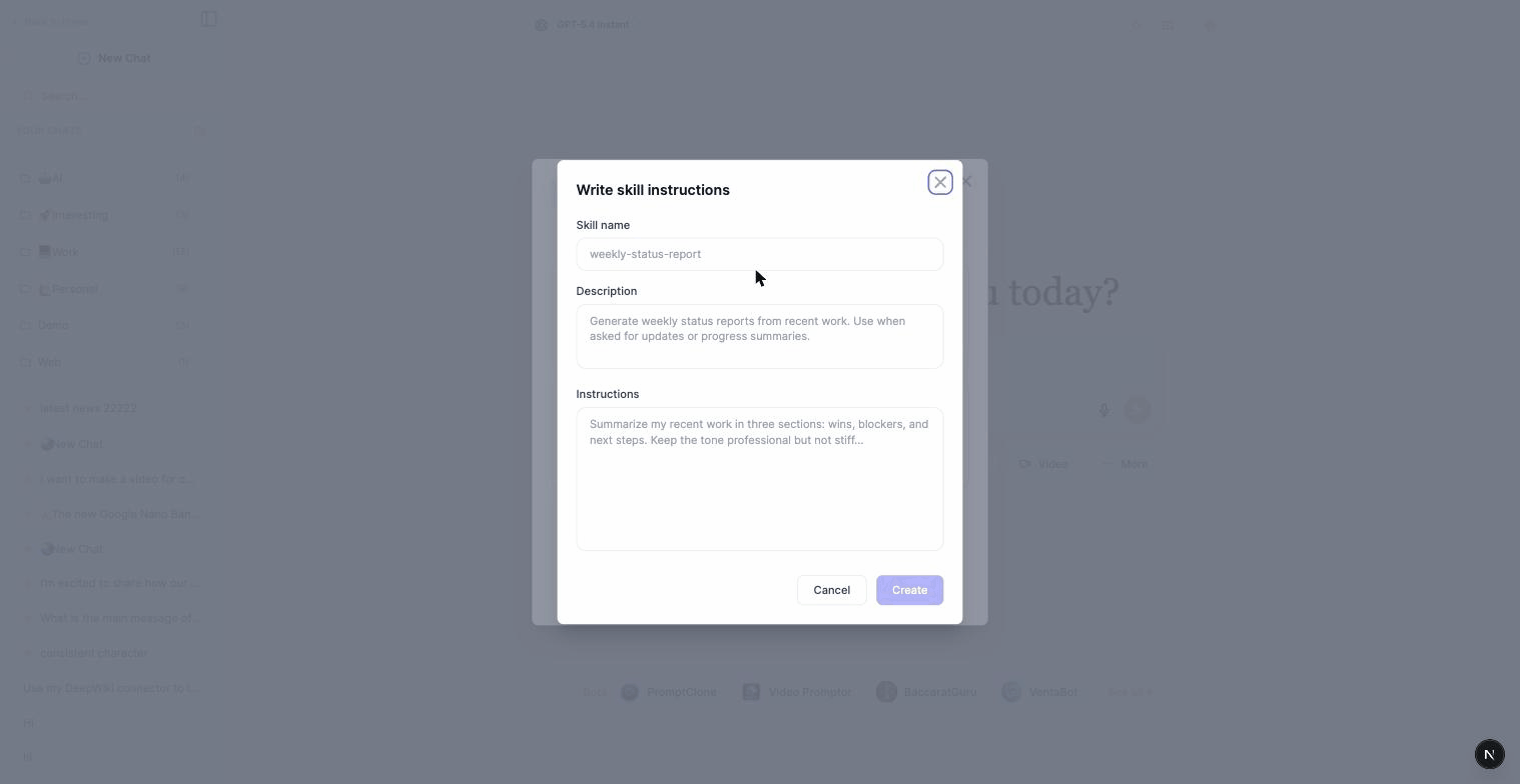 The Write skill instructions form in Marky Agent with fields for skill name, description, and instructions