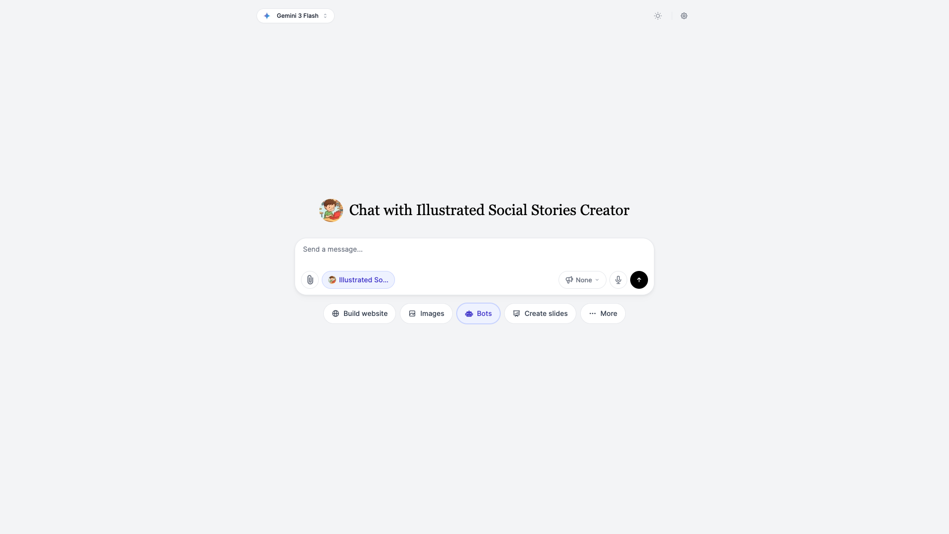 Illustrated Social Stories Creator AI chatbot interface for generating PDF picture books