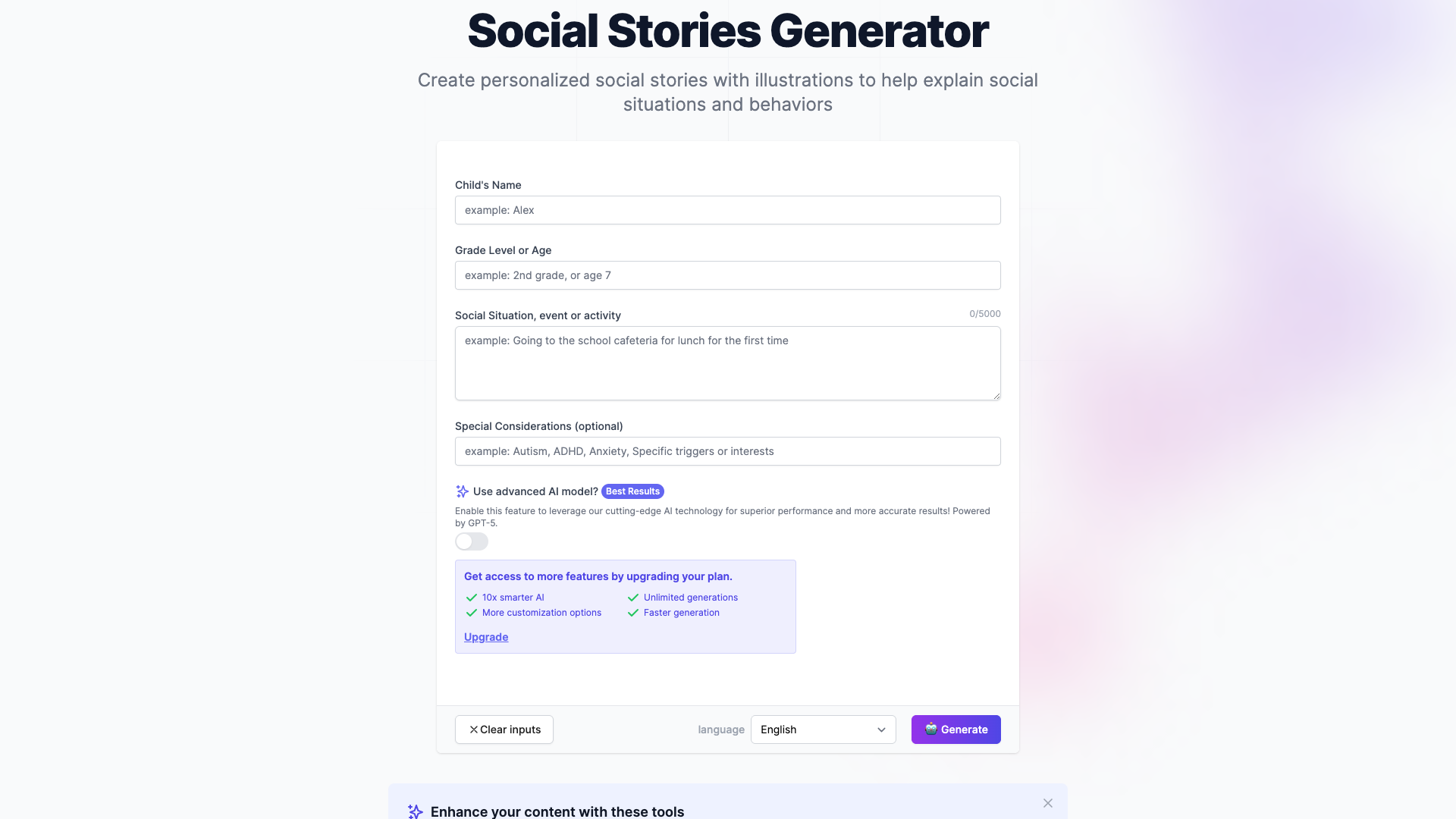 Social Stories Generator form with fields for child name, grade level, social situation, and special considerations
