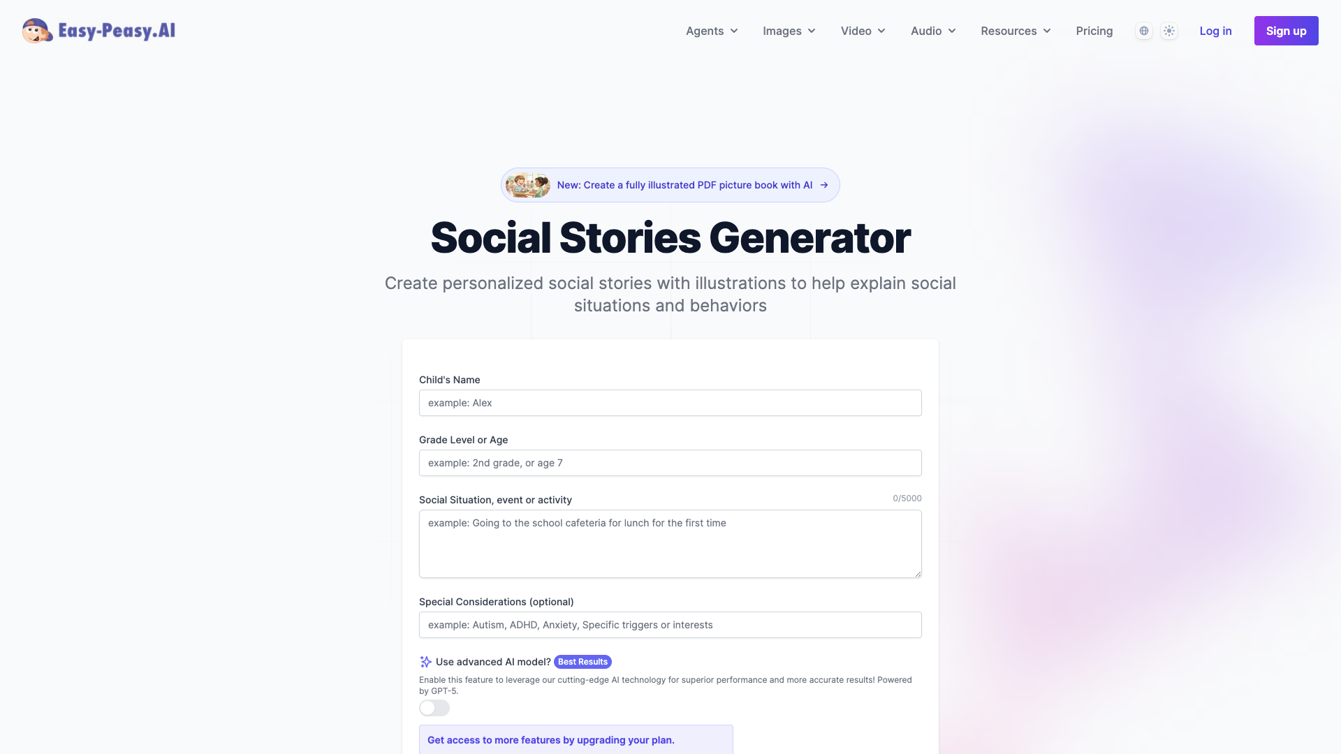 Easy-Peasy.AI Social Stories Generator interface showing the tool heading and form