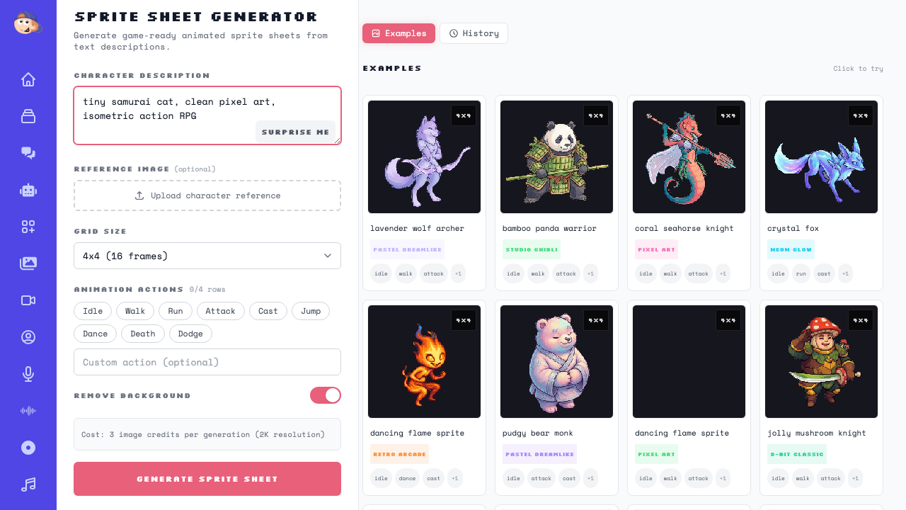 Character Description field filled with 'tiny samurai cat, clean pixel art, isometric action RPG' prompt