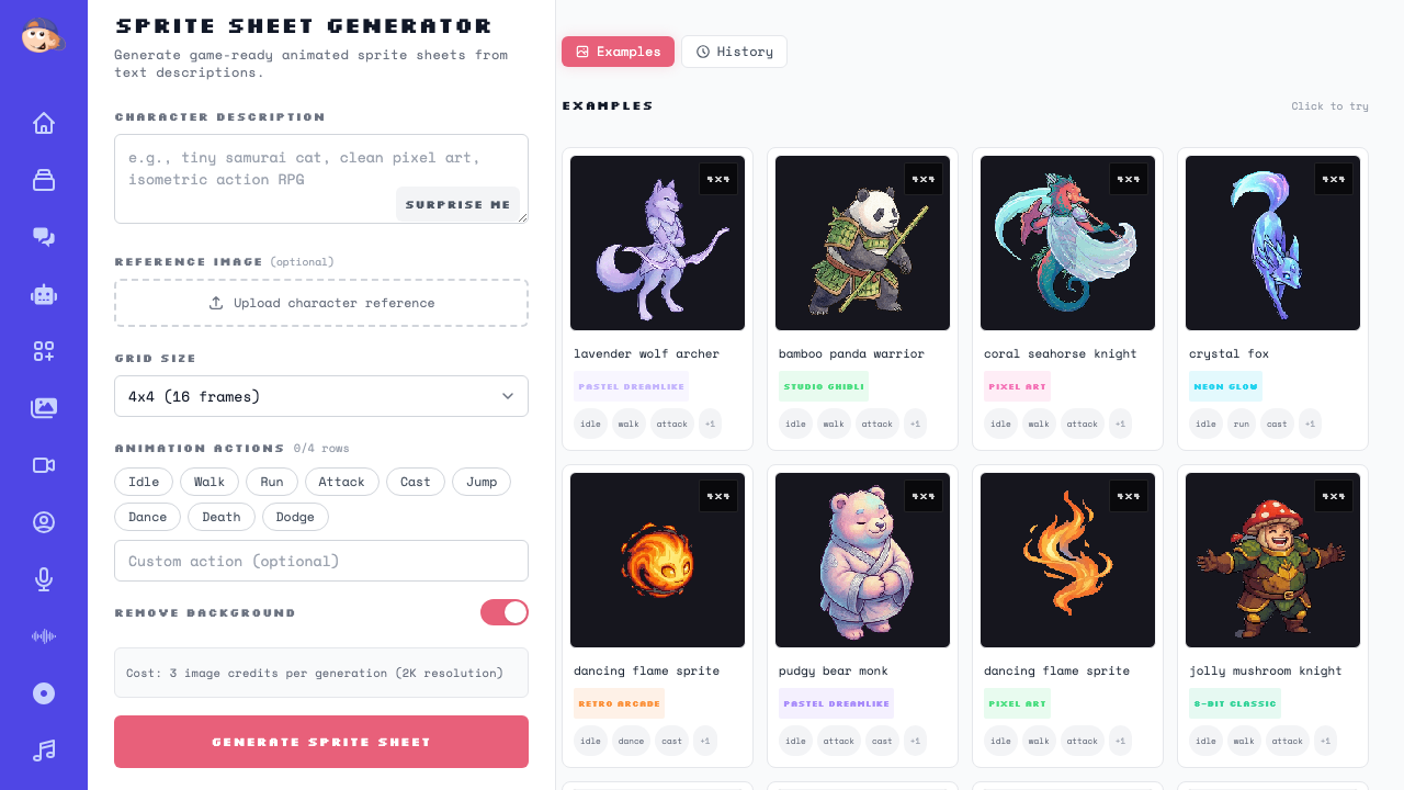 AI Sprite Sheet Generator interface showing the character description form on the left and animated sprite examples on the right