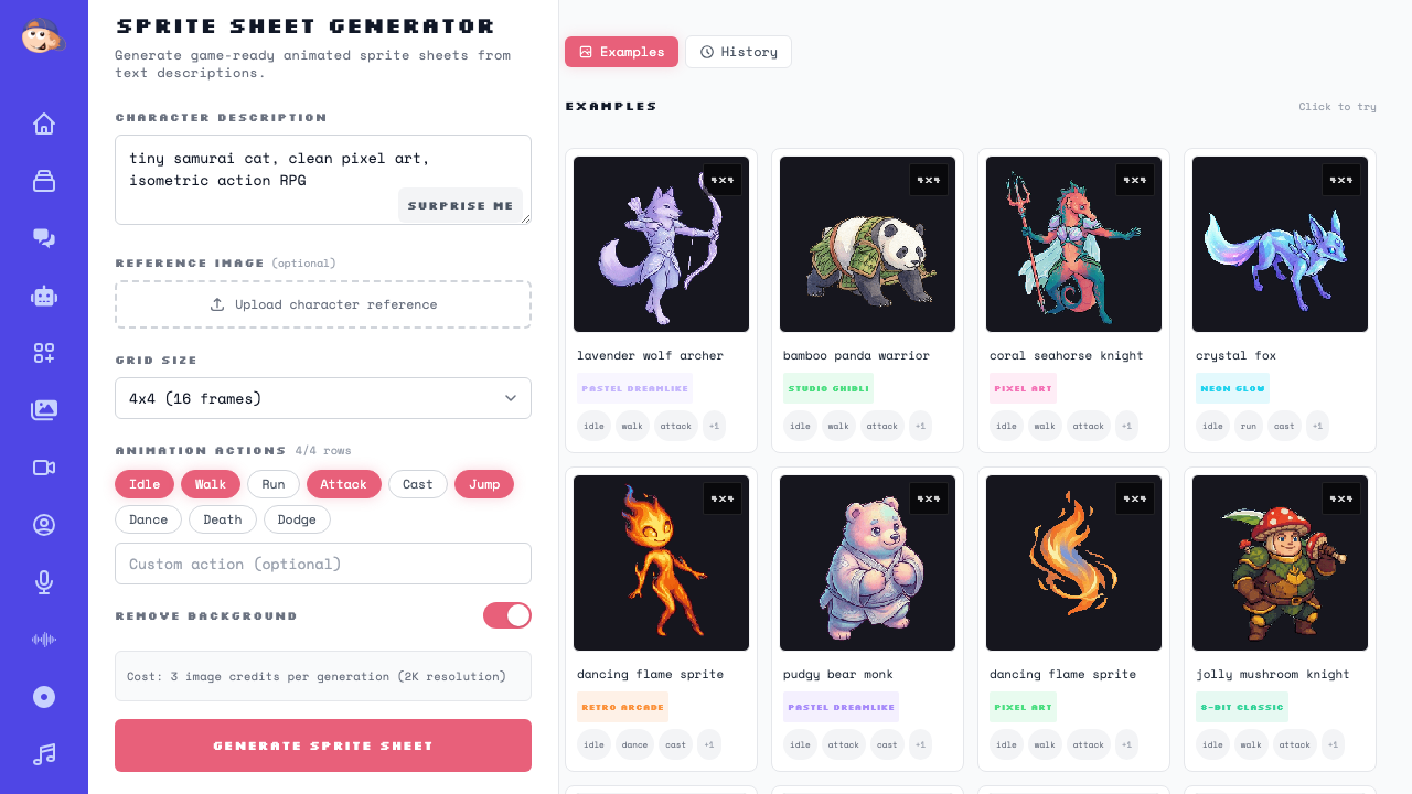 Animation Actions section showing Idle, Walk, Attack, and Jump selected as active actions