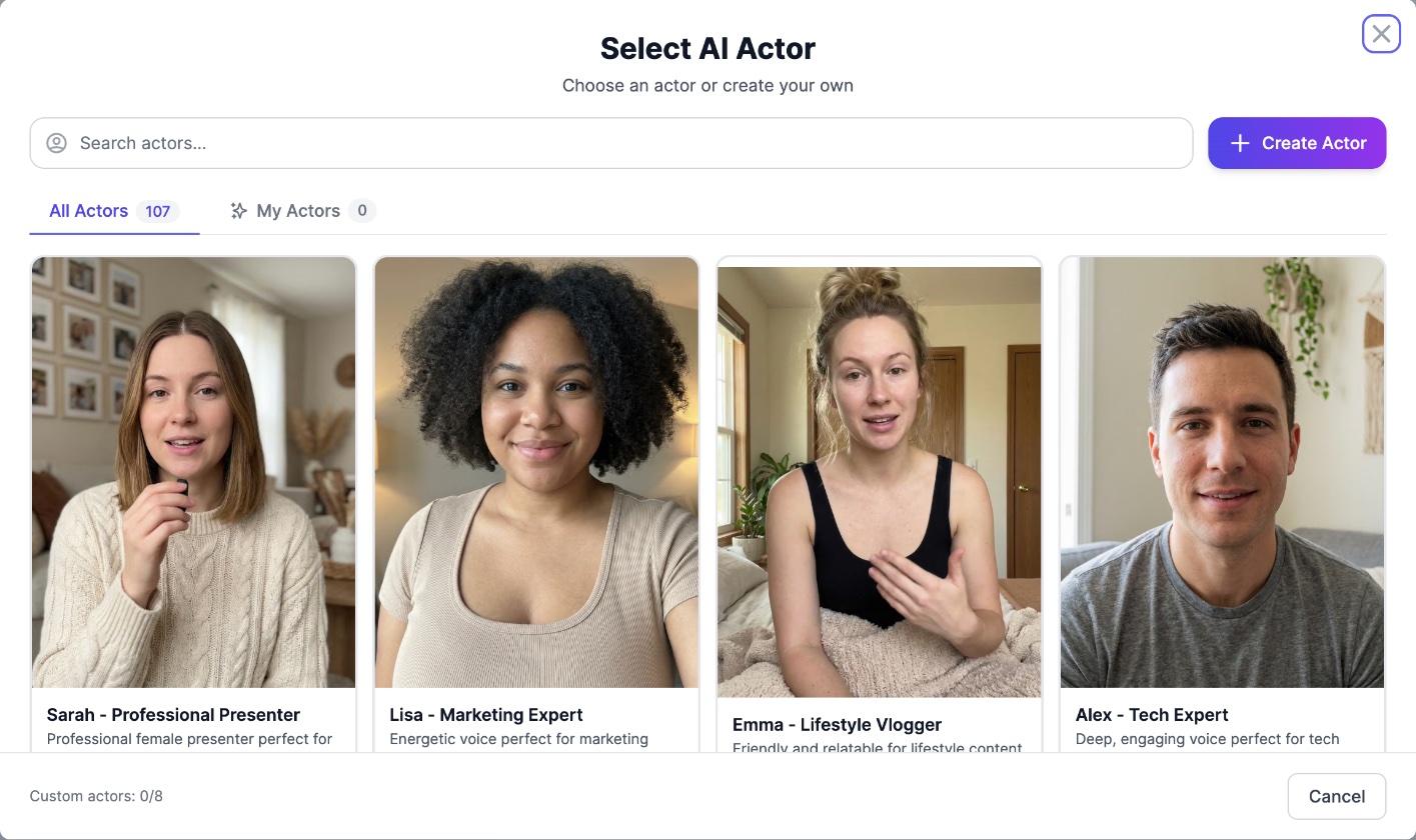 Select AI Actor window with a search box, the Create Actor button, the All Actors and My Actors tabs and four AI presenters for a talking head video