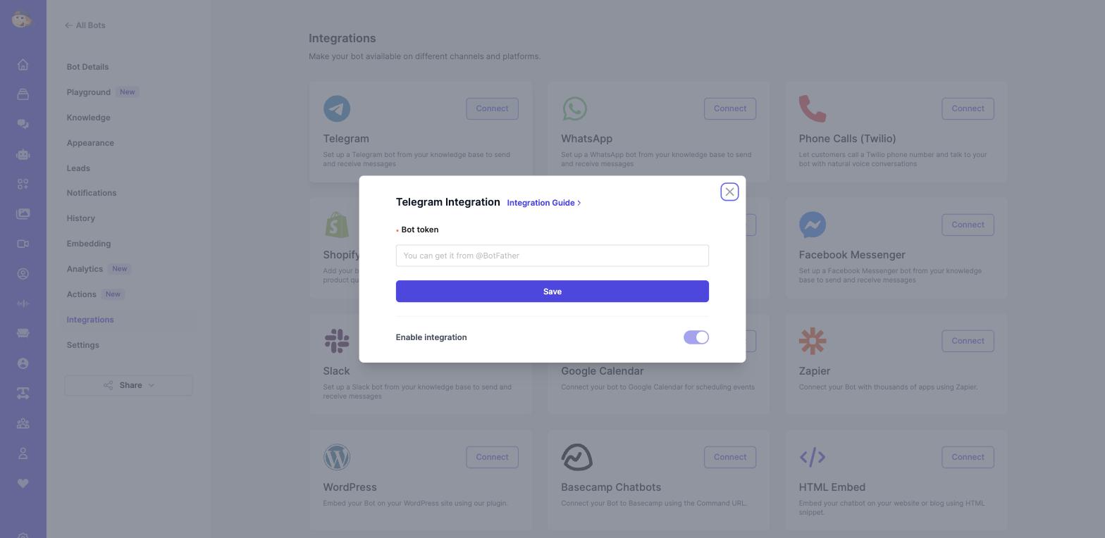 Telegram integration connect modal in Easy-Peasy.AI with the bot token field
