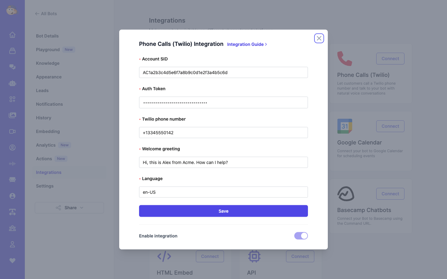 Twilio voice integration connect form in Easy-Peasy.AI with Account SID, Auth Token, and phone number fields