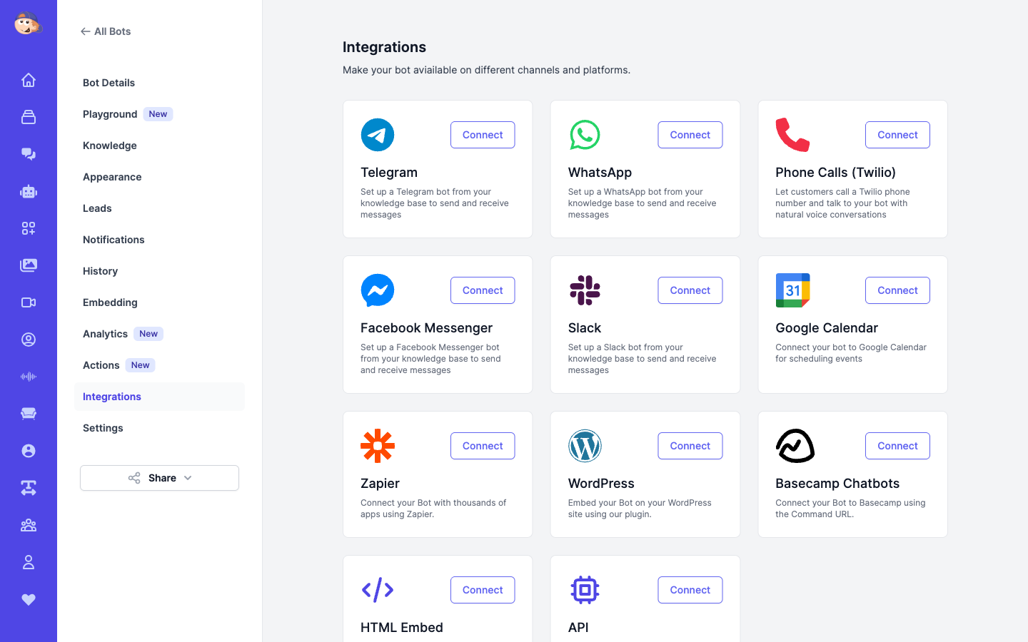 Phone Calls (Twilio) integration card on the Easy-Peasy.AI bot Integrations page