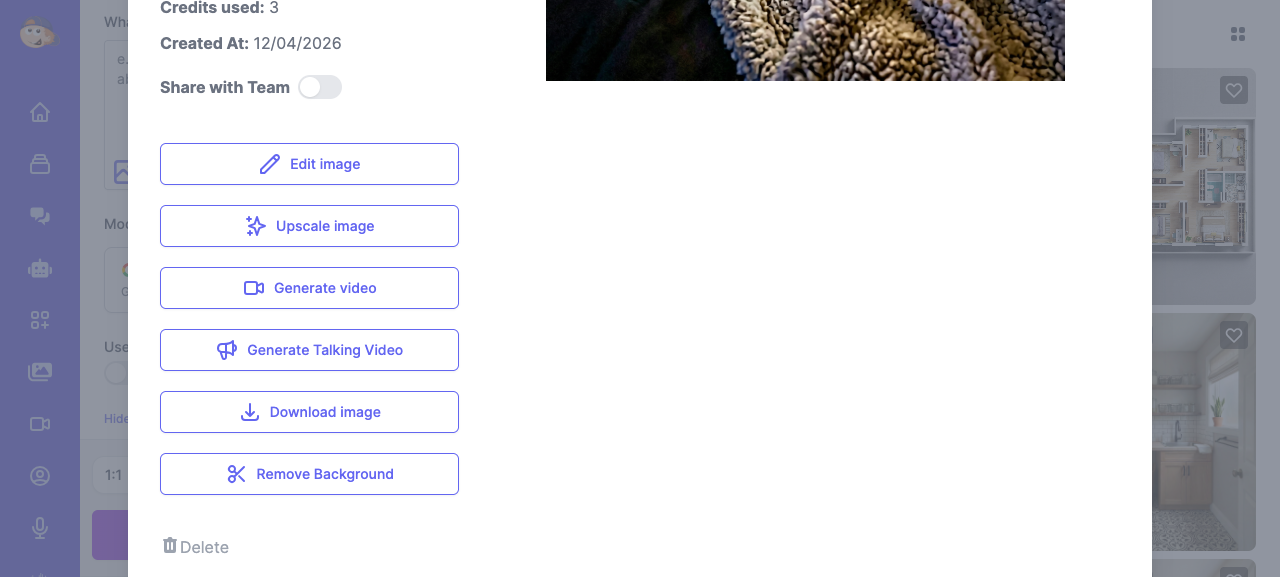 Action buttons showing Generate video option for the puppy image