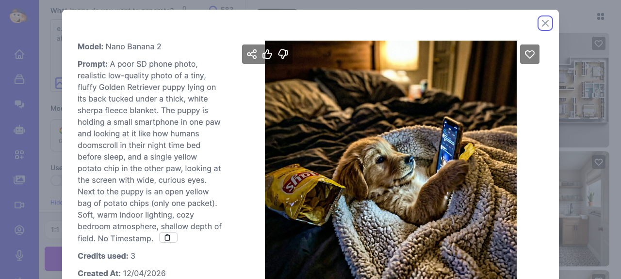 Image detail view showing generated puppy image with action buttons