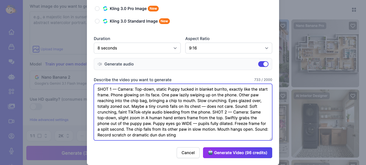 Video generation modal with prompt filled in, duration set to 8 seconds, and Generate Video button
