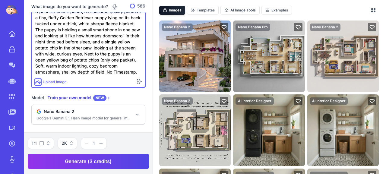 AI Image Generator with puppy doomscrolling prompt typed in the text field