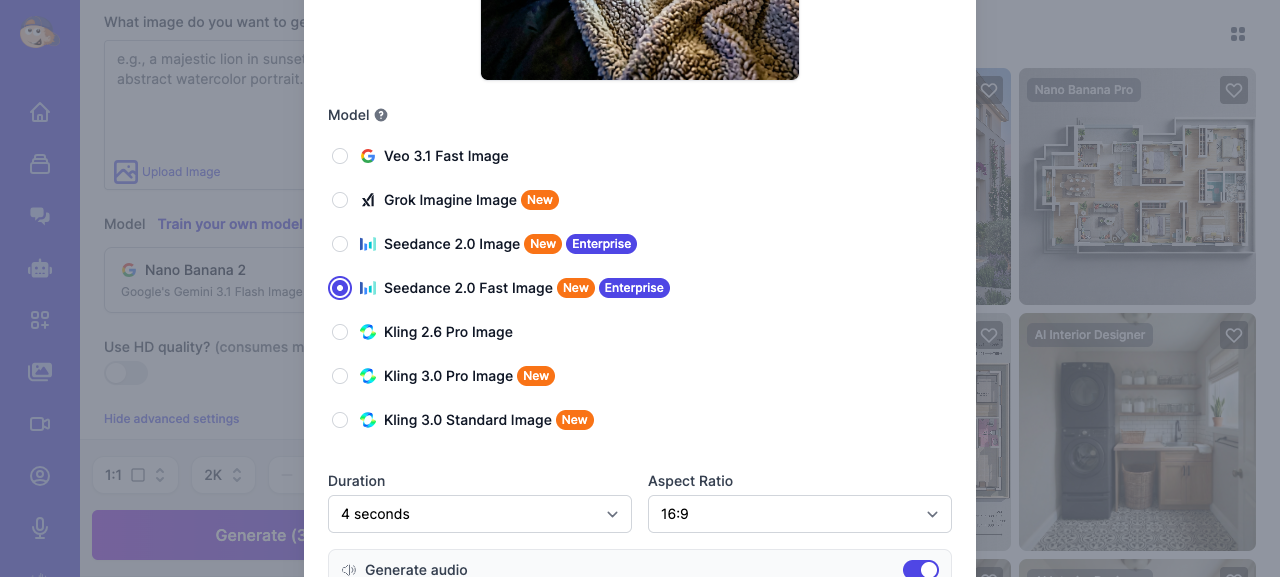 Video model selection showing Seedance 2.0 Fast Image selected