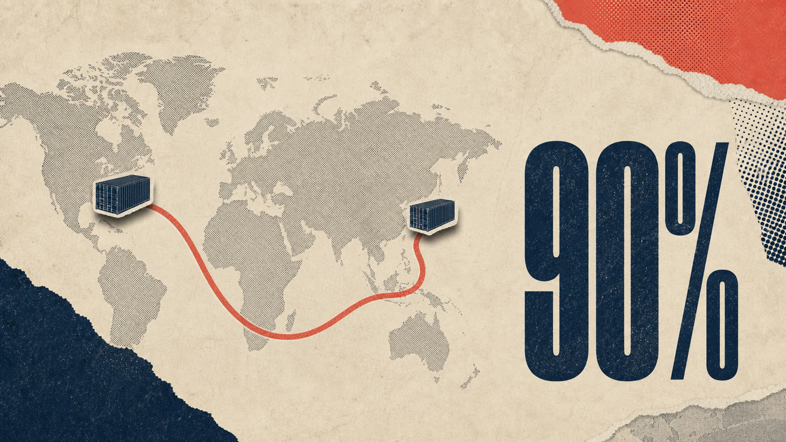 Scene 2 still generated from the same style frame: flat map with a coral shipping route and large 90% typography in matching collage style