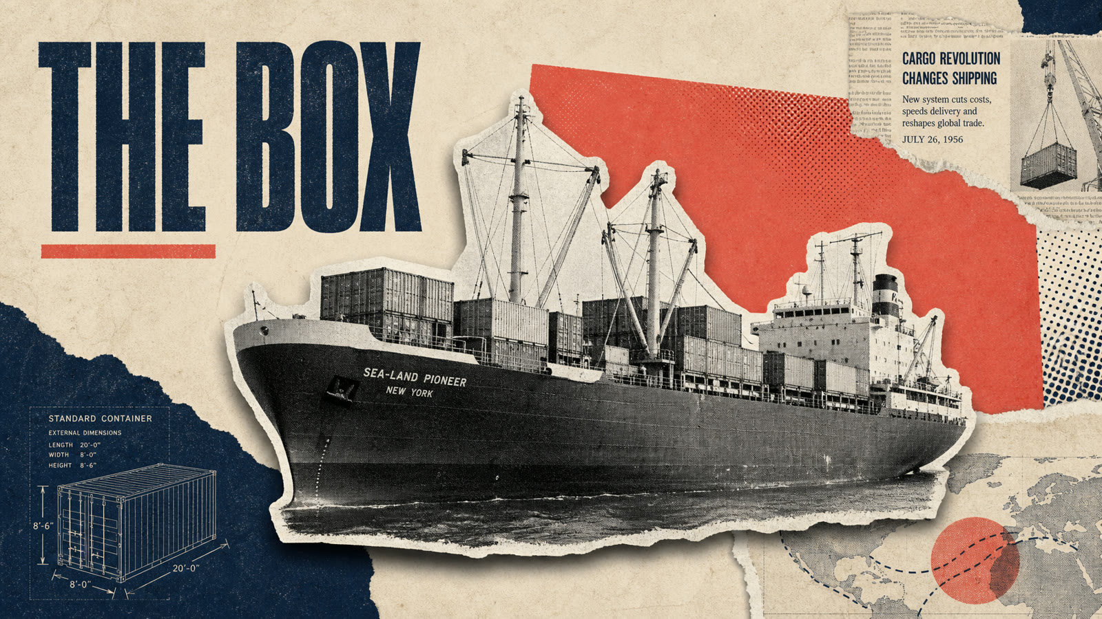 Master style frame for a Vox-style explainer: halftone cutout cargo ship collage in cream, navy and coral with bold THE BOX typography