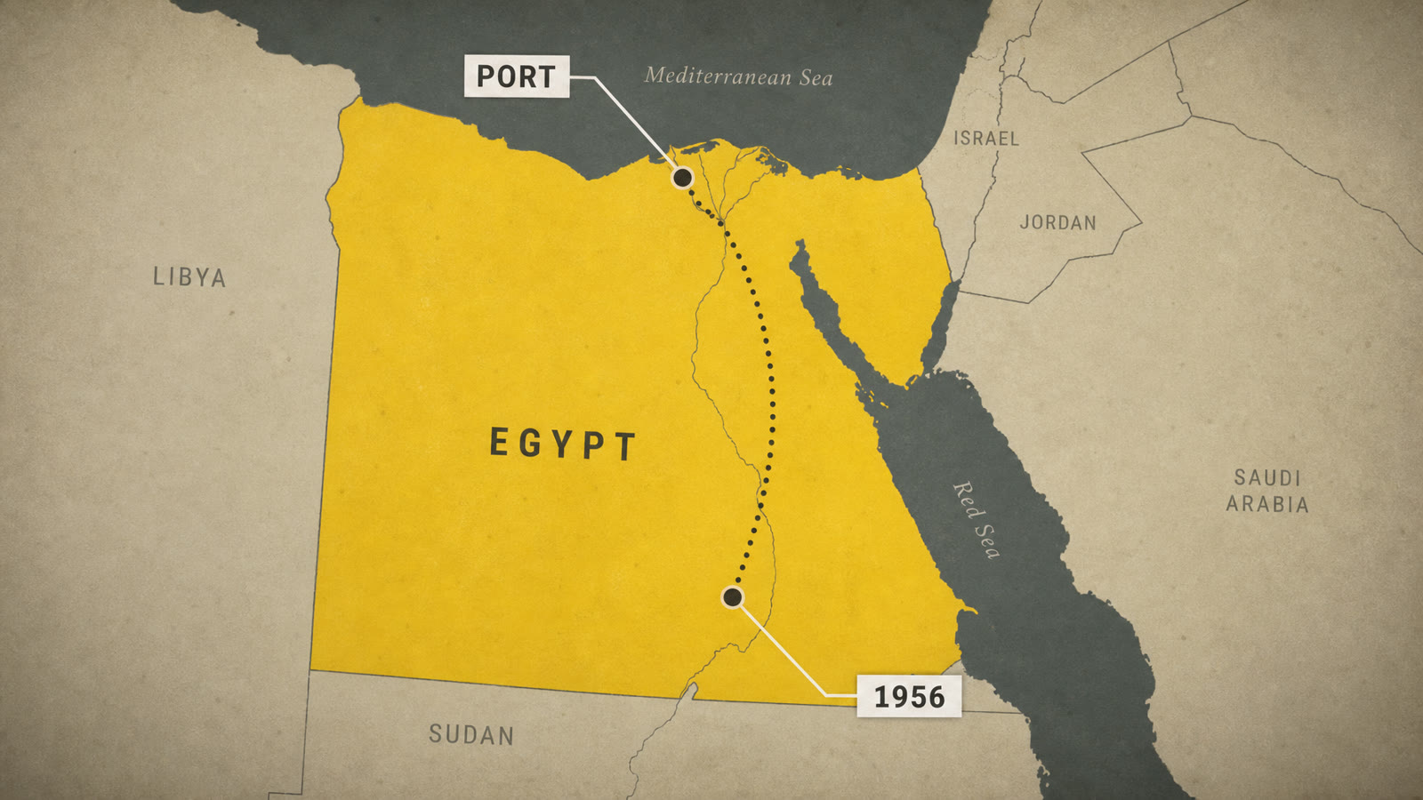 Vox-style annotated explainer map: muted flat map with countries filled in yellow, a dotted route line and small callout labels