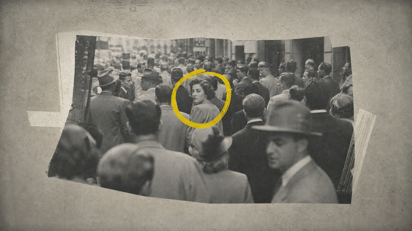 Vox-style muted palette with one loud accent: desaturated archival crowd photo where a single hand-drawn yellow circle is the only saturated element