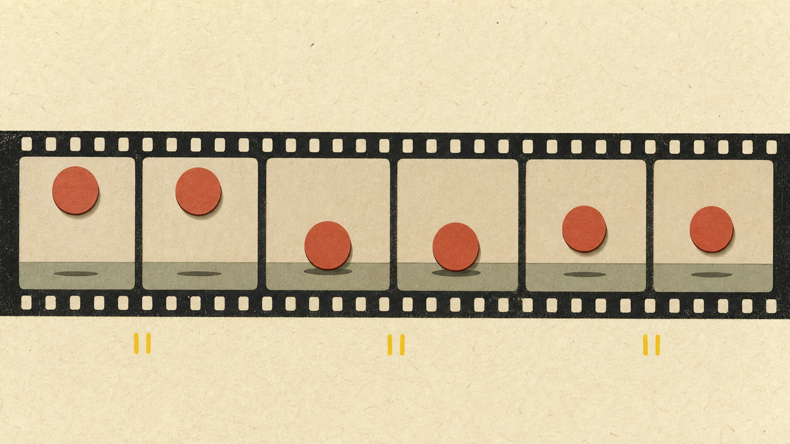Illustration of animating on twos for Vox-style motion graphics: a film strip where each pose of a bouncing paper ball is held for two identical frames