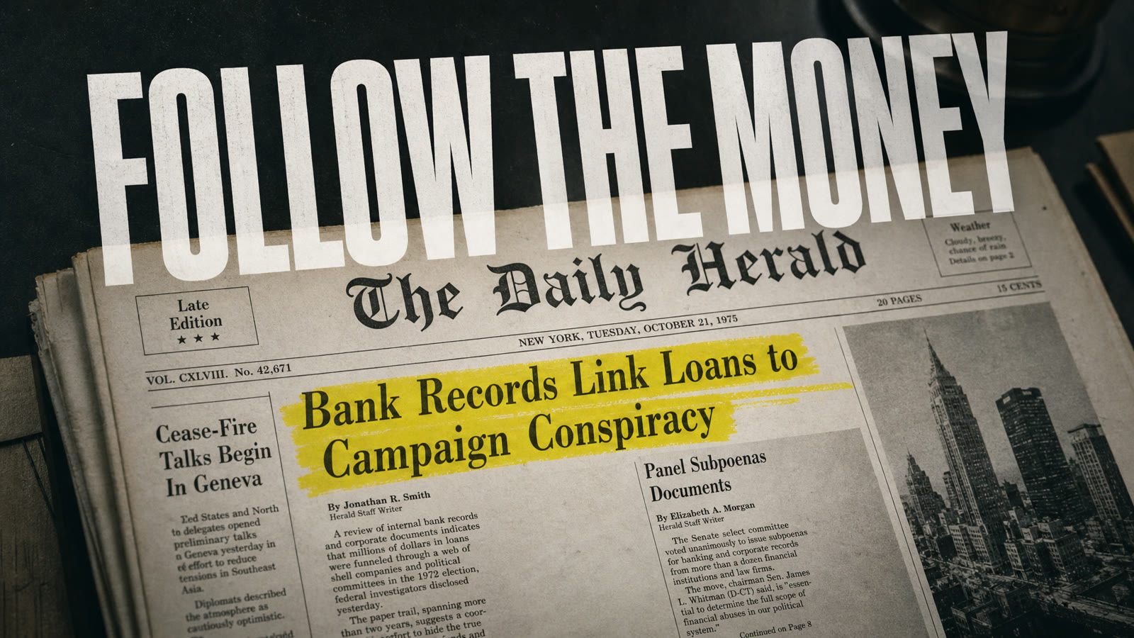Vox-style kinetic typography frame: bold condensed FOLLOW THE MONEY headline over a vintage newspaper with a yellow highlighter sweep across one headline