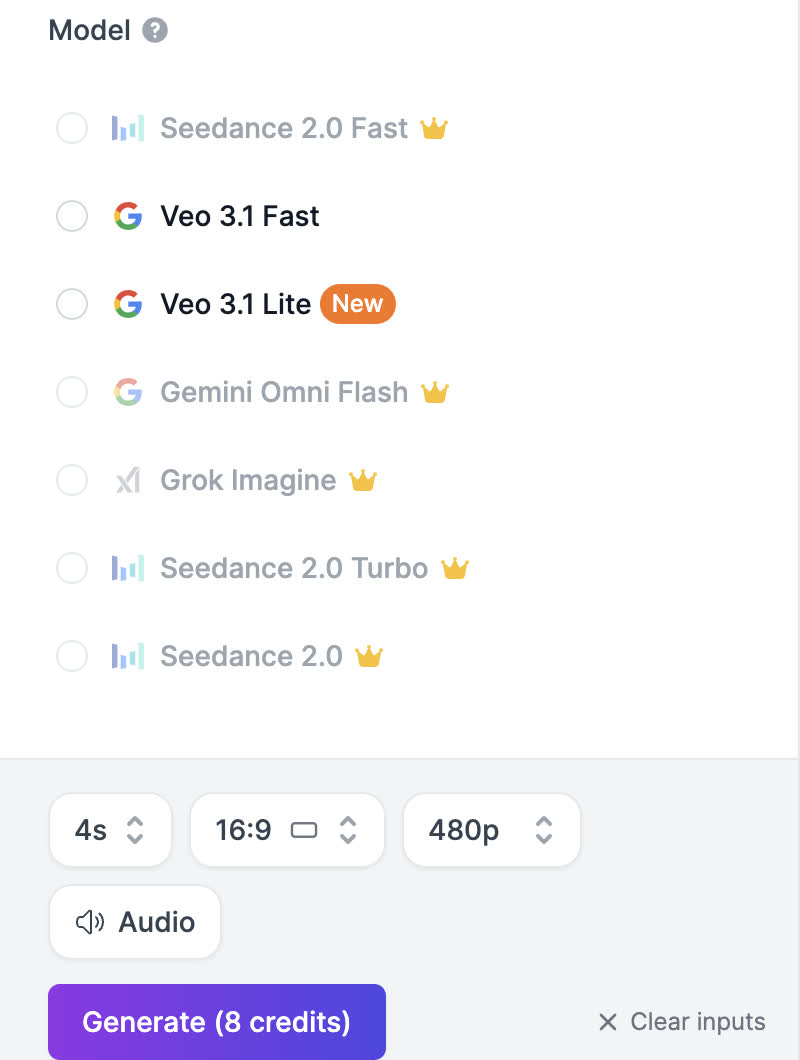 Model picker in the Easy-Peasy.AI Video Generator showing Gemini Omni Flash alongside Veo 3.1 and other video models