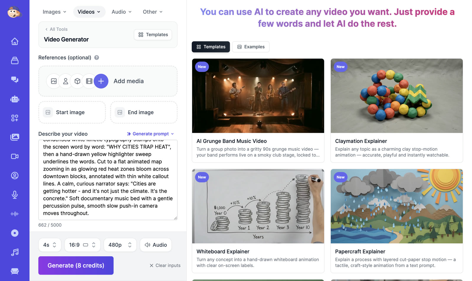 Easy-Peasy.AI Video Generator with a Vox-style explainer prompt filled in, next to Claymation and Whiteboard Explainer video templates