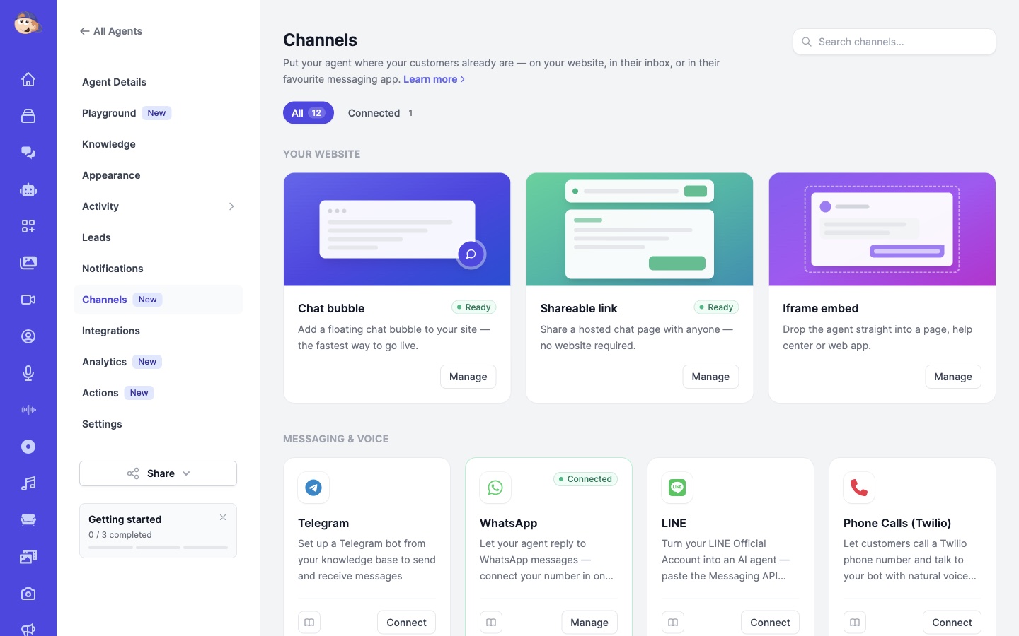 The Channels page of an Easy-Peasy.AI agent showing the WhatsApp integration card