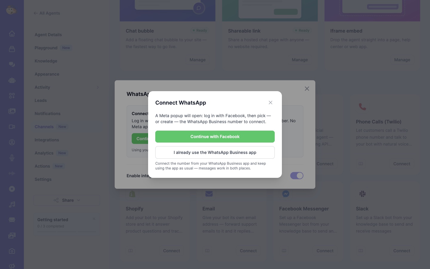 Connect WhatsApp dialog offering Continue with Facebook or I already use the WhatsApp Business app
