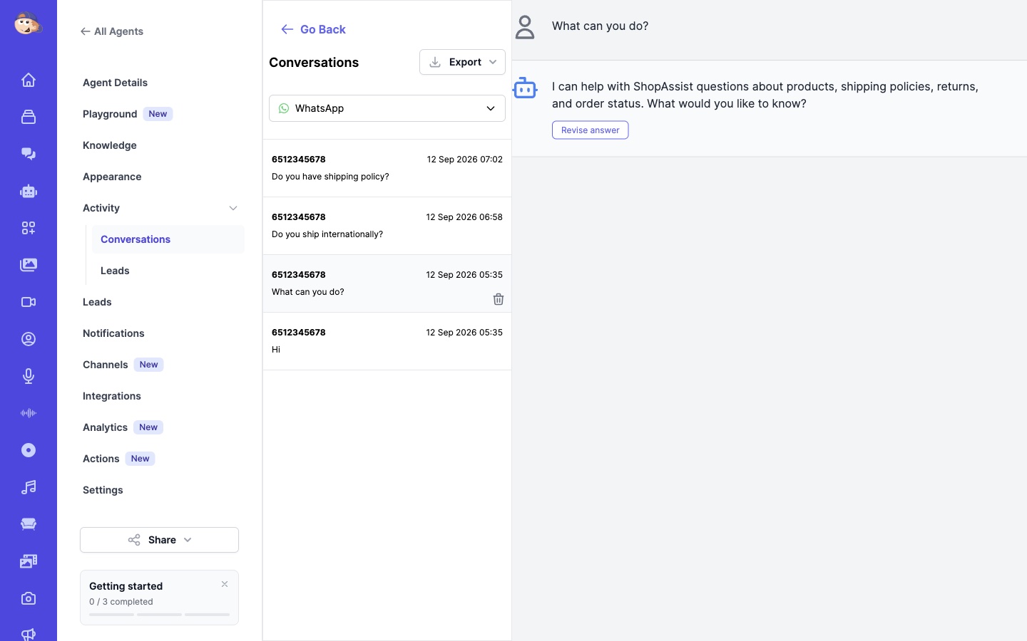 Conversations view in the dashboard filtered to WhatsApp, showing customer messages and the agent replies