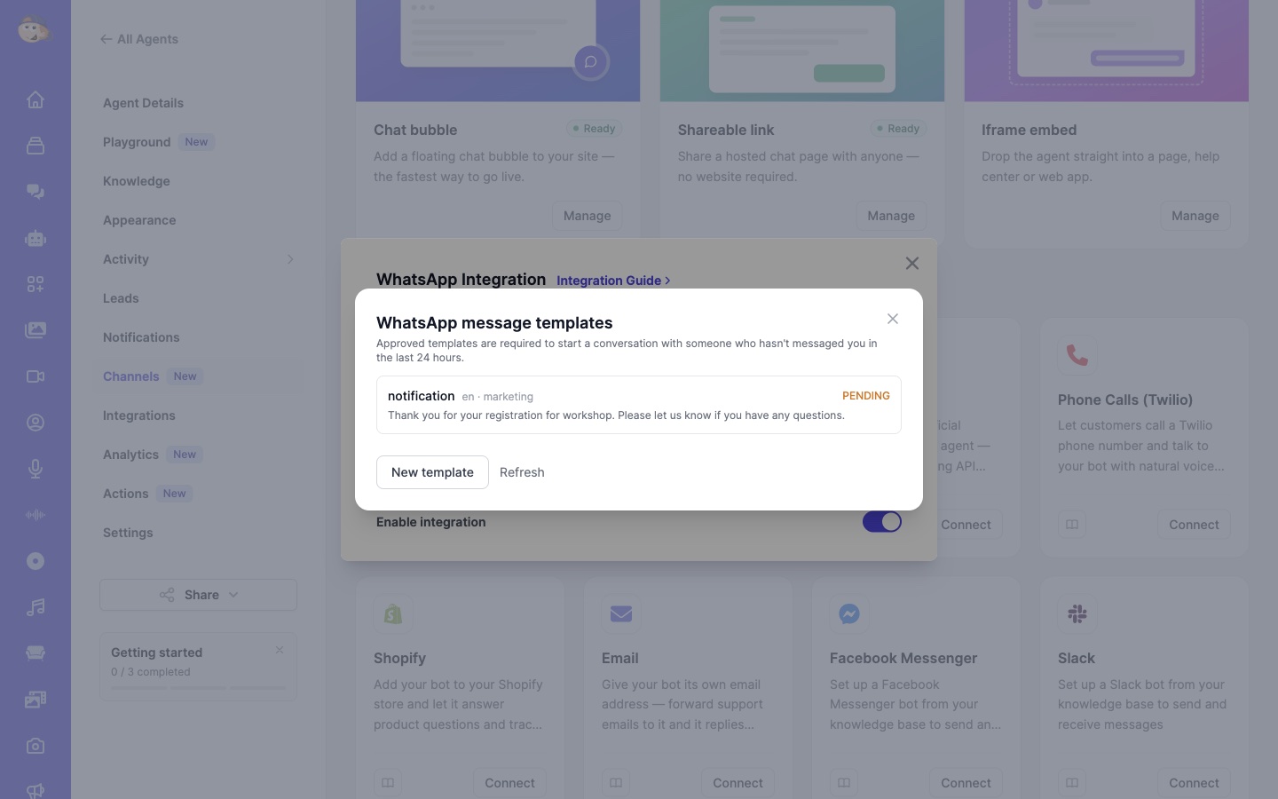 WhatsApp message templates modal listing a template with pending approval status