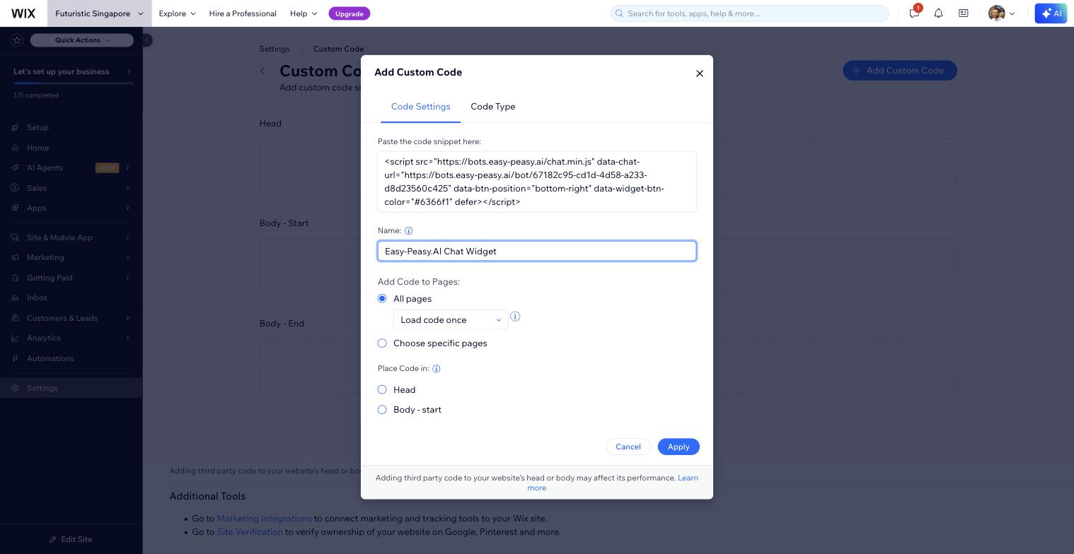 Adding the Easy-Peasy.AI chat widget script in the Wix Add Custom Code dialog