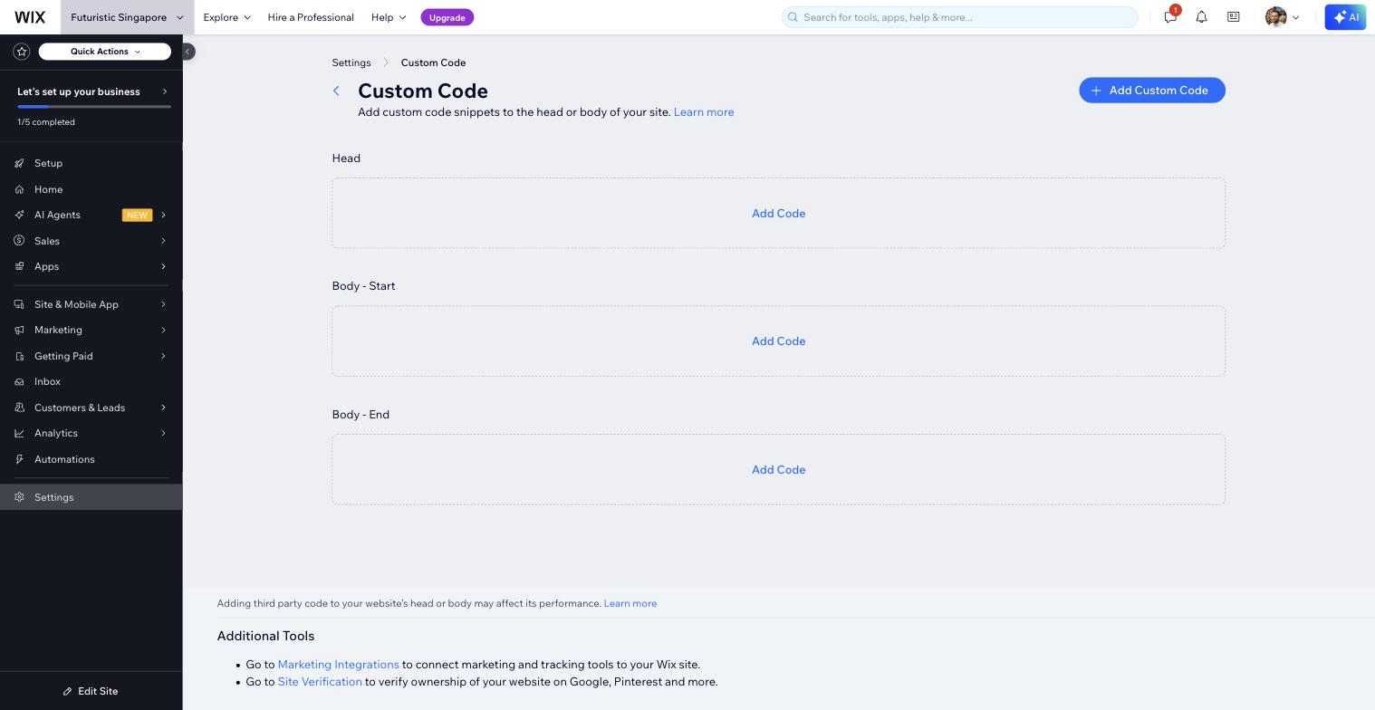 Wix Custom Code settings page with Head, Body Start and Body End sections