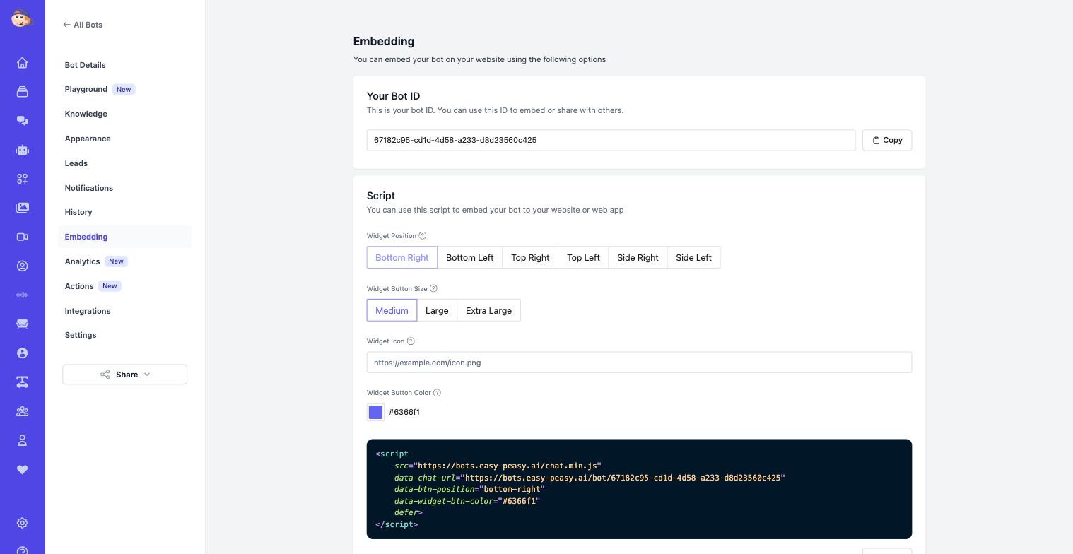 Easy-Peasy.AI bot Embedding page with the chat widget script for Webflow