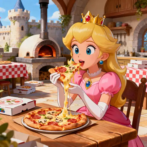 Princess Peach Enjoys Delicious Pizza