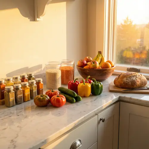 Organic Cooking Ingredients on Polished Marble Counter