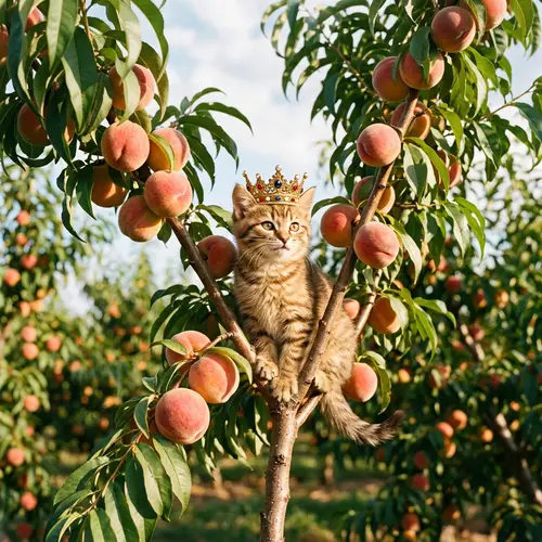 Adorable Kitten with Crown on Peach Tree | Nature Delight