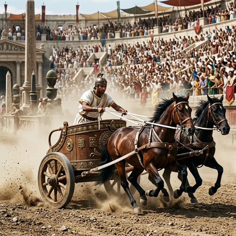 Rush of Wooden Chariot Racing in Ancient Roman Style