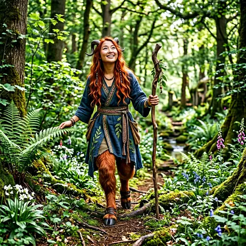 Asian Satyr Girl with Small Horns in Blue Robe Exploring Forest