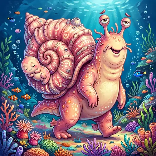 Adorable Slowbro Illustration - Pink Bipedal Sea Snail Creature