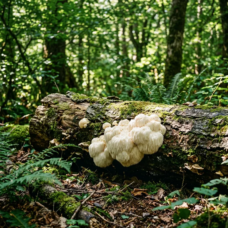 Enchanting Lions Mane Mushroom Forest Scene