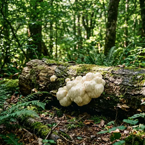 Lions Mane Mushroom Growing on Logs in Woods