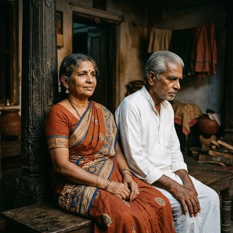 Elderly South Asian Couple in Traditional Attire: A Candid Portrait