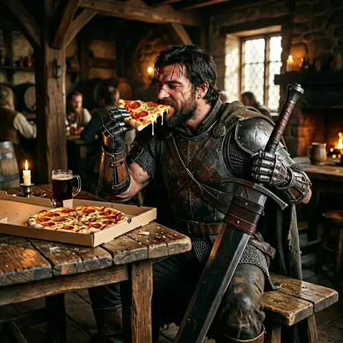 One-Armed Swordsman Enjoying Pizza in Rustic Tavern